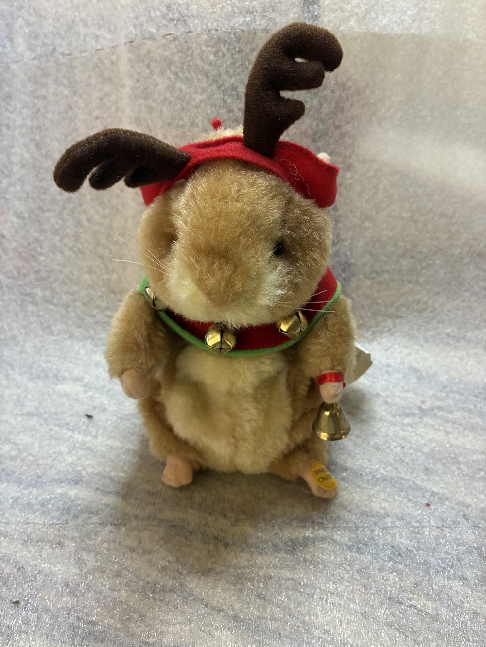 Gemmy Brown Plush Reindeer Hamster with Red Holiday Hat and Green Bell Collar